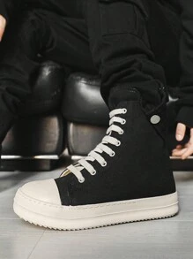 2024新款男士春季厚底复古高帮帆布鞋，侧拉链情侣帆布鞋 - 黑與白 - 查看 6