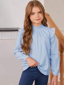 Blibean Back-To-School Season Loose Fit Solid Color Ruffle Trim Stand Collar Shirt For Tween Girls - Baby Blue - View 4