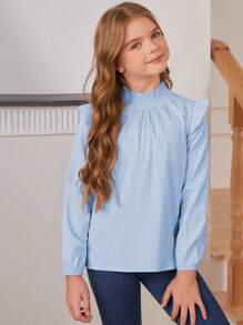 Blibean Back-To-School Season Loose Fit Solid Color Ruffle Trim Stand Collar Shirt For Tween Girls - Baby Blue - View 3
