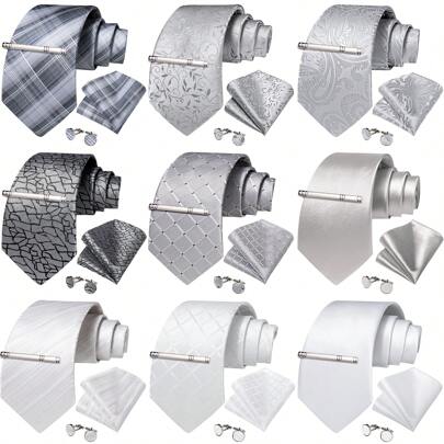 DIBANGU 男士领带银白色领带佩斯利花纹花卉条纹格纹口袋巾袖扣夹套装礼物