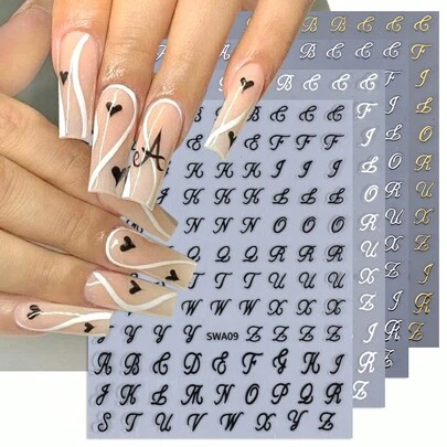 4pcs 3D Letter Nail Art Stickers, Black, White, Gold, Silver Gothic Retro Artistic English Alphabet Symbol Design Holographic Nail Art DIY Stickers, Sliding Nail Decor Nails Nail Supplies