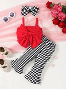 嬰兒女孩純色蝴蝶領背心、格子短褲和頭帶3入組，夏季 - 紅色 - 查看 1