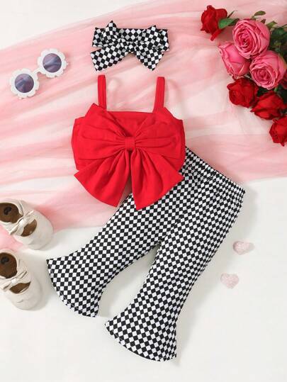 嬰兒女孩純色蝴蝶領背心、格子短褲和頭帶3入組，夏季