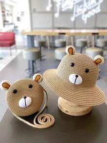 2pcs Set Cute Princess Bear Straw Hat With Anti-UV Sun Protection & Princess Bag For Girls, Suitable For Daily Wear And Beach - Brown - View 1