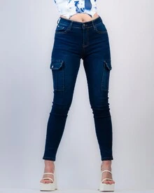 Pantalones cargo con bolsillo mezclilla skinny alta calidad - Azul lavado oscuro - Ver 3