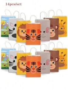 14pcs/Set Cute Party Gift Bags Brithday Zoo Animal Design Animal Paper Bags With Handles Treat Bags Kraft Paper Gift Bags For Halloween Christmas Jungle Theme Party Bags