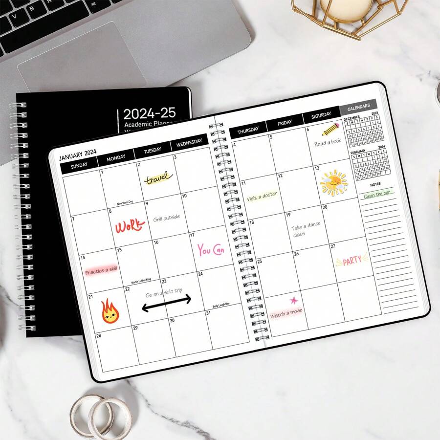 BUBU 2024-2025年曆規劃器-月曆和週曆帶有待辦事項清單,筆記,目標,雙鐵絲裝訂,文具辦公室學校用品 - 彩色 - 查看 1