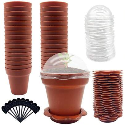 20 Pack Cupcake Plant Nursery Pots With Humidity Dome- Small Plastic Flower Pots With Saucers And Shovel For Indoor Outdoor Seedling Succulent Vegetable(Brown)