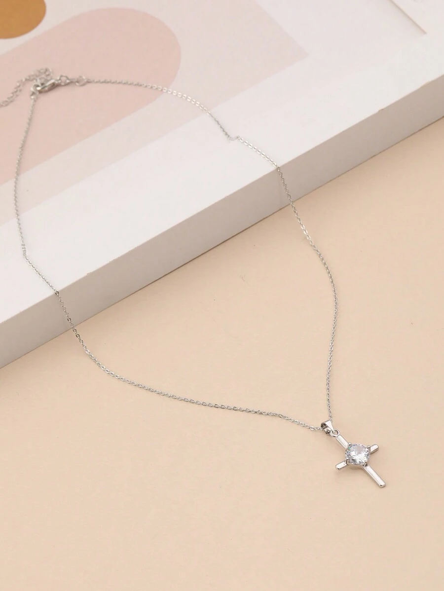 1 Miếng Của phụ nữ Thanh tú & Đúng mốt Mới Vượt qua & Zirconia Vòng cổ mặt dây chuyền - Bạc - Xem 1