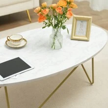 Furchen Tavolino Salotto, Effetto Marmo, Tavolino Soggiorno, Tavolino da Salotto Ovale, Tavolino da Salotto Moderno, con Gambe in Metallo, Grande, 120x60x41cm - Dorato - Visualizzare 2