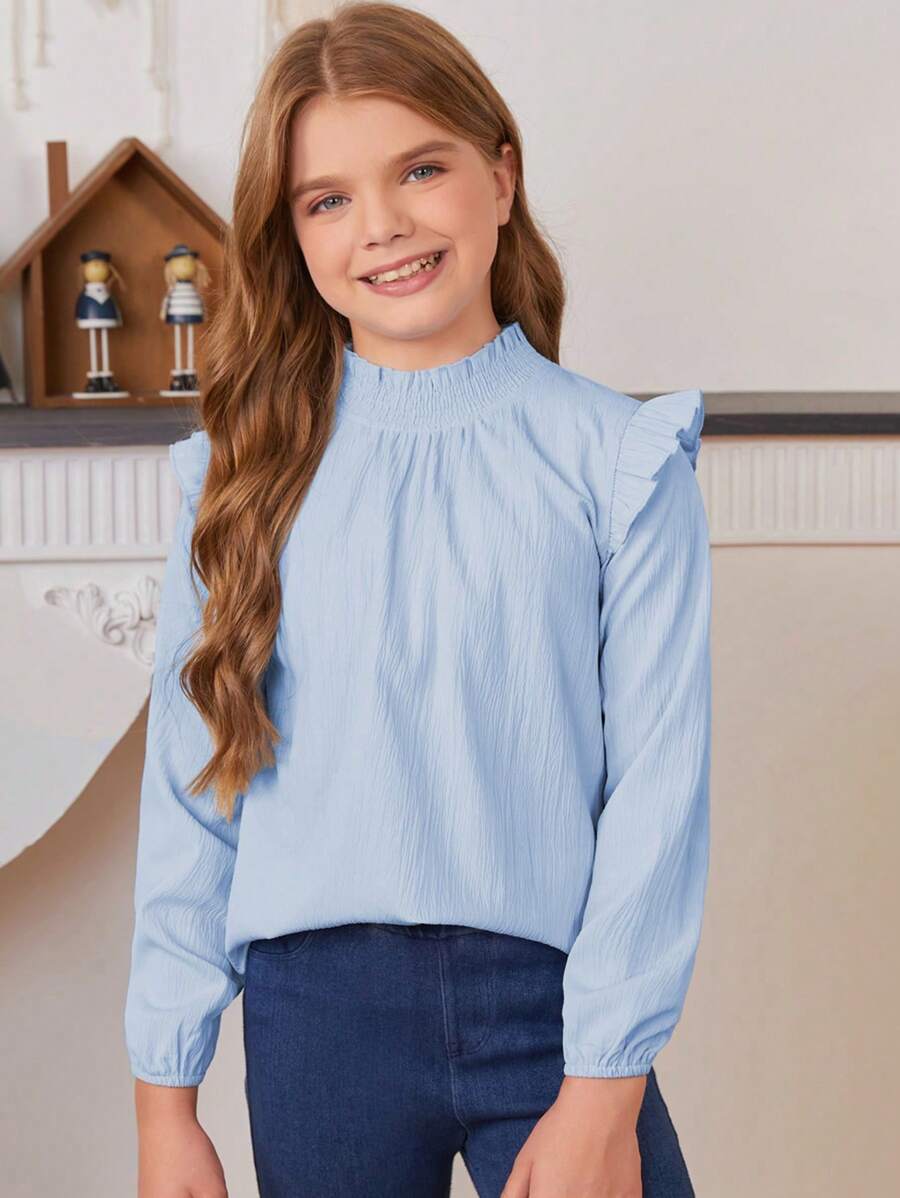 Blibean Back-To-School Season Loose Fit Solid Color Ruffle Trim Stand Collar Shirt For Tween Girls - Baby Blue - View 1