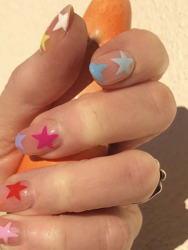 24Pcs Short Round False Nails Colorful Pentagram With Glue Wearable Edging Fake Nail Press On Nails Full Cover Nail Tips Nail Supplies