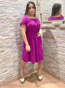 Vestido Midi Ciganinha Tecido Duna Pipoca Manga Princesa Moda Feminina Modelo Verão - Fúcsia - Visão 2