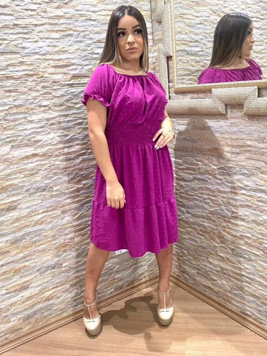 Vestido Midi Ciganinha Tecido Duna Pipoca Manga Princesa Moda Feminina Modelo Verão