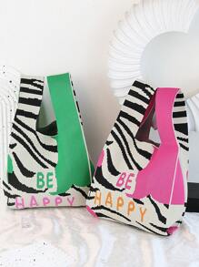 New Arrival Zebra & Leopard Pattern Knitting Bag, Large Capacity, Commuter Vest Bag, Light, Fashionable, Personalized, Versatile And Cute, Color-Block Vest Bag, Handbag - Hot Pink - View 6