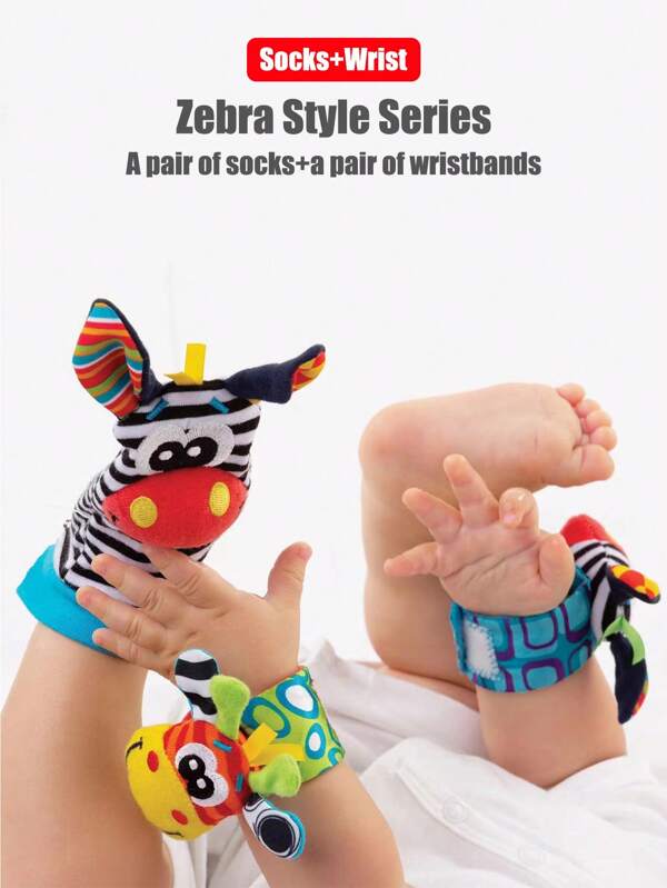 1 Set de 4 piezas que incluye 2 calcetines y 2 muñequeras, juguetes sensoriales tempranos para bebés con diseños de animales de dibujos animados, set de muñequeras y calcetines para bebé