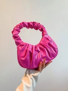 Fashionable High Cost-Effective Ruched Cloud Bag, Solid Color Shoulder Underarm Bag, Versatile Solid Color Handbag For Women - Hot Pink - View 5