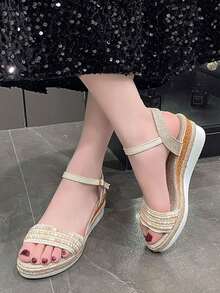 Của phụ nữ Nêm Gót chân & Dày Đáy Dép xăng đan Với Đơn giản Dây đeo , Lộ ra ngón chân , Khóa Khép kín Đối với Giải trí & Đúng mốt Kích thước lớn Có sẵn - Màu be - Xem 2