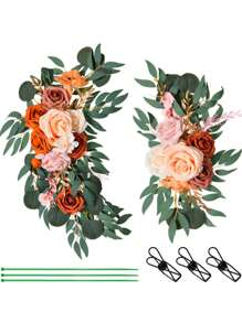 3Pcs/Set Artificial Eucalyptus Willow Garland With Flowers 1Pc 6FT With Wedding Arch Flowers Floral 2Pcs Swag Arrangements, Wedding Table Garland With Flowers Handcrafted Wedding Centerpieces Table Runner Swag For Rehearsal Dinner Bridal Shower Outdoor Decor - 橘色 - 查看 5