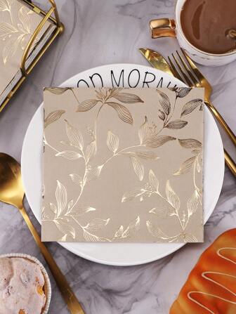 20pcs Floral Pattern 3D Printed 1 Side Foil Square Paper Napkins, Disposable Tissue For Party, Banquet, Tabletop Use