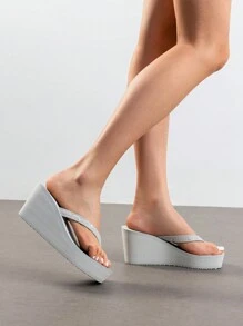 Women'S Platform Flip Flop Rhinestones Arch Support Comfortable Soft Cushion Wedge Flip Flops Summer Thong Sandals - Xám - Xem 7