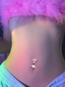 1pc 316l Stainless Steel Navel Ring, With Shiny White Heart Or Leaf Shaped Decoration, Perfect Accessory For Women's Parties Or Music Festivals, As A Festive Gift. Valentines - Silver - View 2