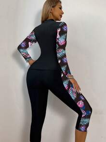 高领拉链吊带坦克比基尼泳衣，热带印花长袖上衣搭配七分裤，女士休闲优雅两件套泳装，中等弹力 - 黑色 - 查看 3