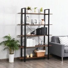 5-Tiers Bookshelf Industrial Bookcases Metal Frame Shelf Stand - Brown - View 1