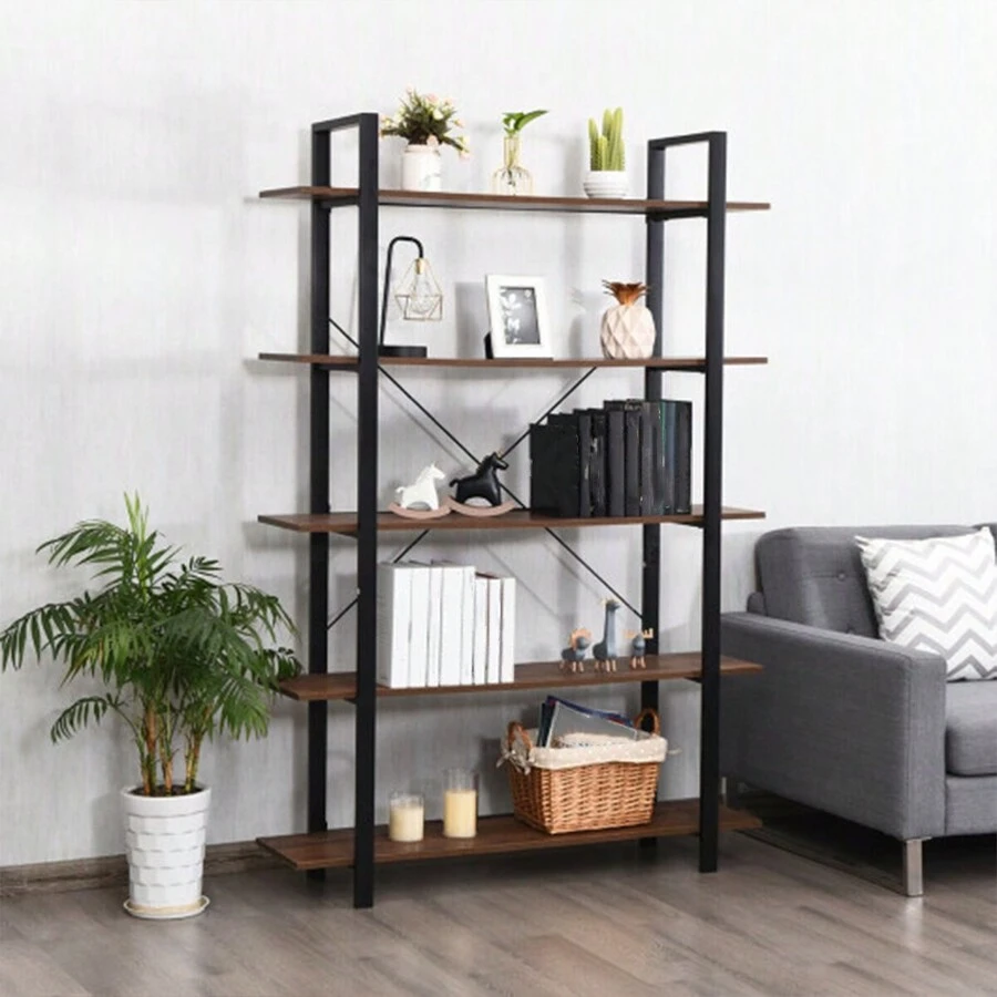 5-Tiers Bookshelf Industrial Bookcases Metal Frame Shelf Stand - Brown - View 1