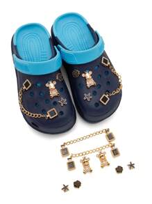 Sandalia Chancla mujer con plataforma alta diseño pines cadena oro - Azul Marino - Ver 4