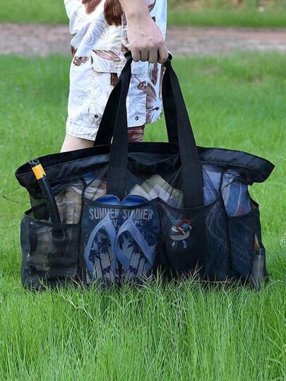 Large Mesh Beach Tote Bag, Multifunctional Storage Bag With Zipper Closure, Foldable And Lightweight, Suitable For Family Beach Trips To Carry Toys And Holiday Essentials. Spacious, Portable, Suitable For Teenagers, Women, College Students, Boys And Men. Ideal For Outdoor, Travel, Picnic, Beach, Holiday And Vacation., Summer
