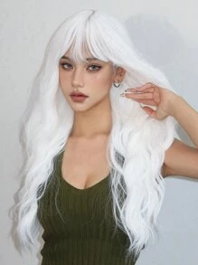 26英寸長的白色瀏海波浪捲合成假髮,適用於女性日常、角色扮演及派對等活動 - 白色 - 查看 4