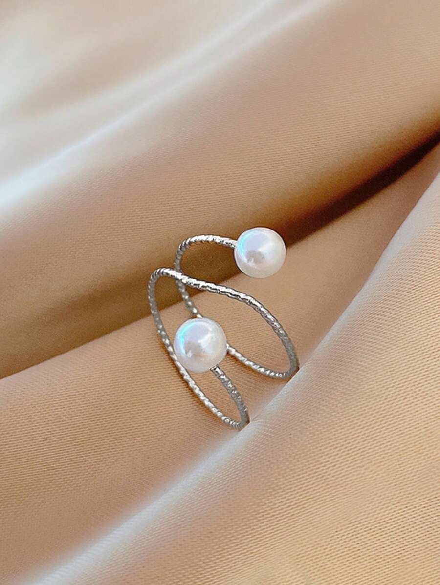 1入組可調節開口戒指，附有包覆珍珠裝飾 - 銀色 - 查看 1