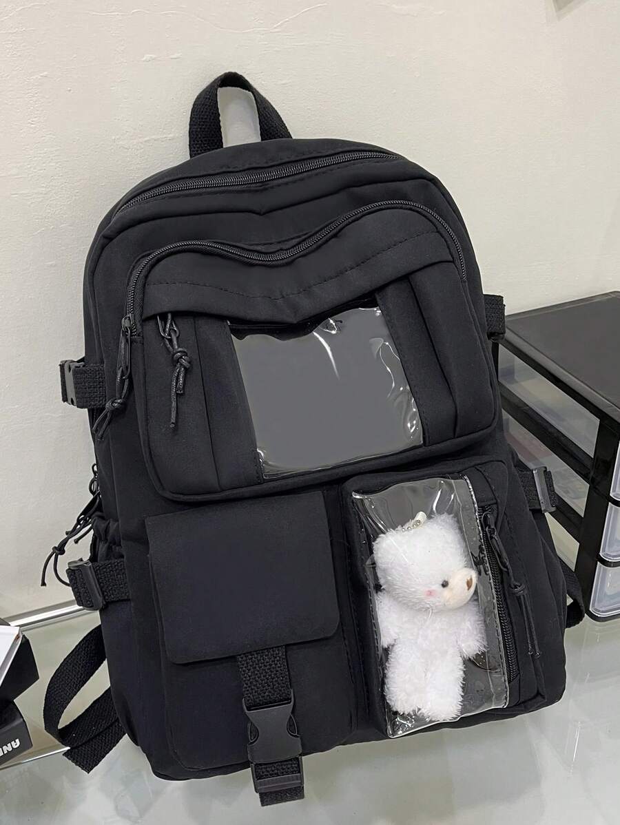 可爱学生书包，大容量拉链简约书包带熊书包小学生中学生高中生大容量双肩书包时尚休闲校园配对电脑书包旅行背包出差旅行度假户外运动学校学生礼物送给女朋友女儿配对电脑书包旅行背包旅行出差旅行度假户外运动学校 - 黑色 - 查看 1