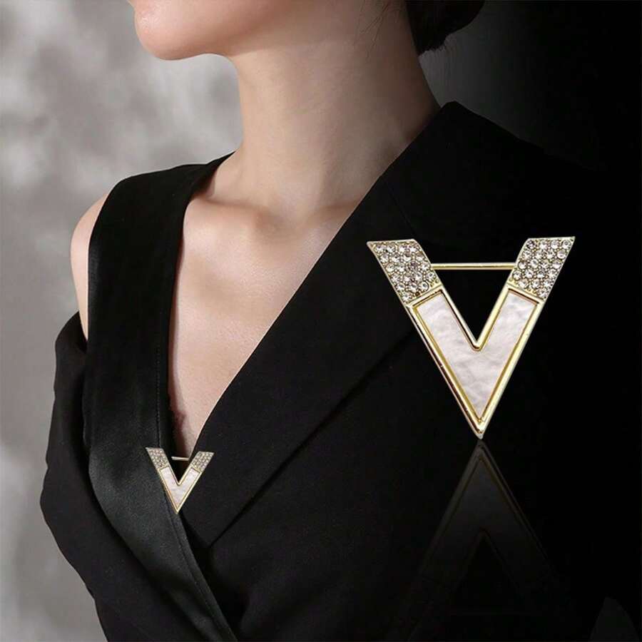 V 型水鑽胸針鑲嵌閃亮水鑽復古領口扣胸針配件適合女士和女孩服裝和圍巾裝飾 - 金色 - 查看 1
