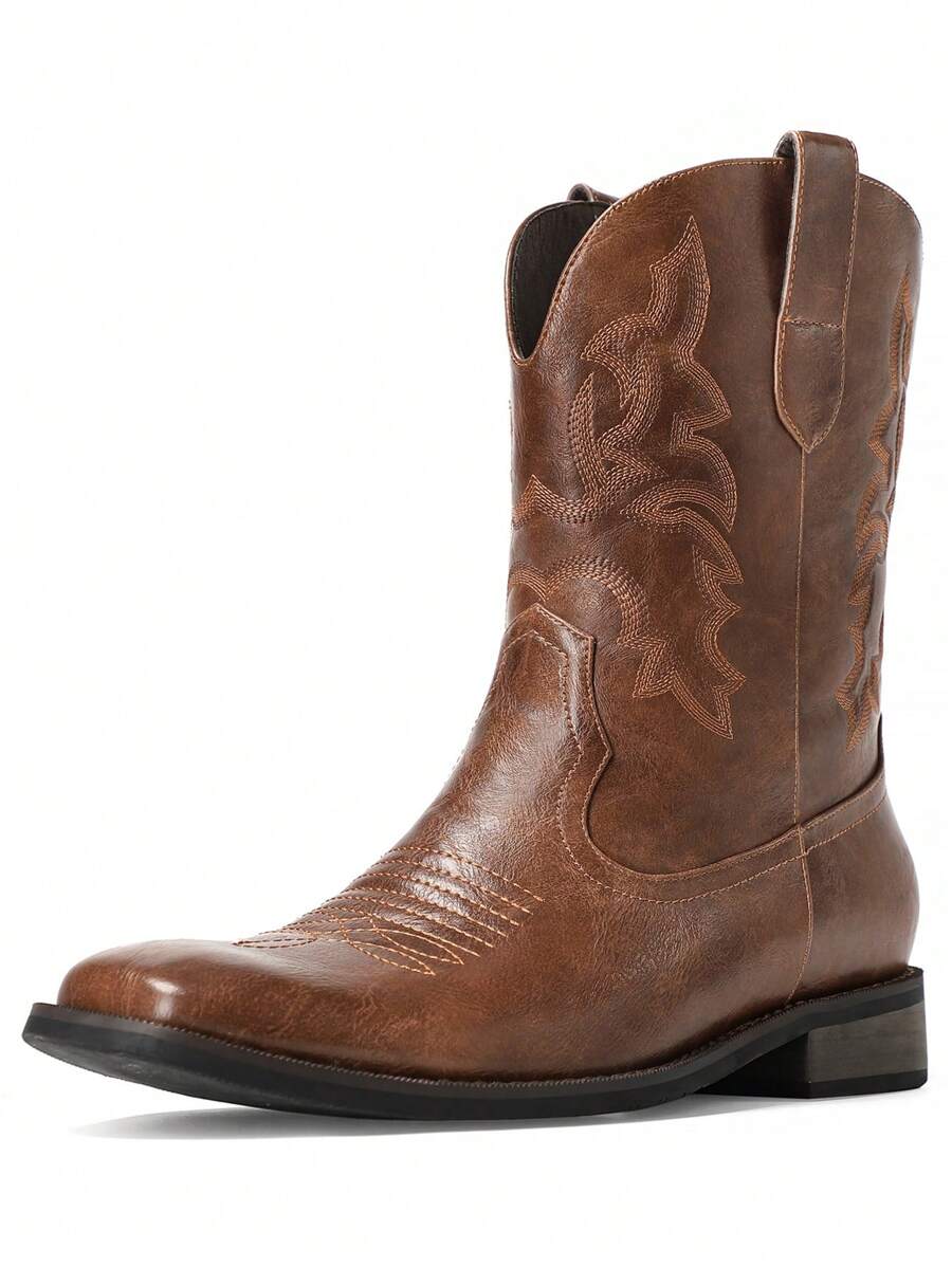 Cowboy Boots For Men - Men's Western Boots With Embroidered, Slip Resistant Square Toe Chunky Heel Ankle Boots, Durable And Fashionable Retro Classic Short Boots For Spring Fall - màu nâu - Xem 1