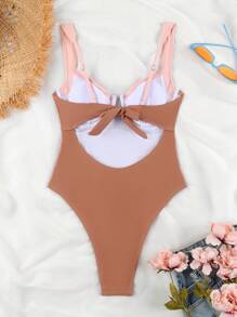 Đồ bơi Polovedo chính thức gợi cảm cổ chữ V đơn sắc chắp vá - Màu Khaki - Xem 3