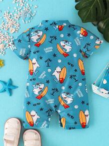 Baby Boy's Cute Shark Printed Short Sleeve Lightweight One-Piece Bathing Suit, Summer