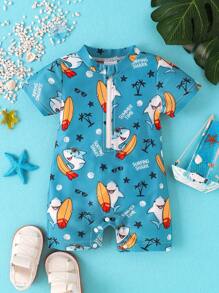 Baby Boy's Cute Shark Printed Short Sleeve Lightweight One-Piece Bathing Suit, Summer