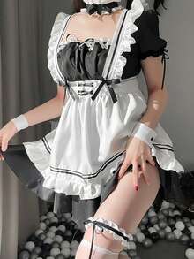 Conjunto de Disfraz de Sirvienta de 7 Piezas, Disfraz Cosplay Anime Traje Maid Lolita, Lindo y sexy vestido de lolita para la fiesta de Halloween de la bola - Blanco y Negro - Ver 6