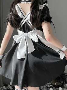 Conjunto de Disfraz de Sirvienta de 7 Piezas, Disfraz Cosplay Anime Traje Maid Lolita, Lindo y sexy vestido de lolita para la fiesta de Halloween de la bola - Blanco y Negro - Ver 7