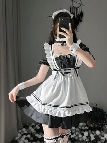 Conjunto de Disfraz de Sirvienta de 7 Piezas, Disfraz Cosplay Anime Traje Maid Lolita, Lindo y sexy vestido de lolita para la fiesta de Halloween de la bola - Blanco y Negro - Ver 4