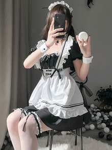 Conjunto de Disfraz de Sirvienta de 7 Piezas, Disfraz Cosplay Anime Traje Maid Lolita, Lindo y sexy vestido de lolita para la fiesta de Halloween de la bola - Blanco y Negro - Ver 8