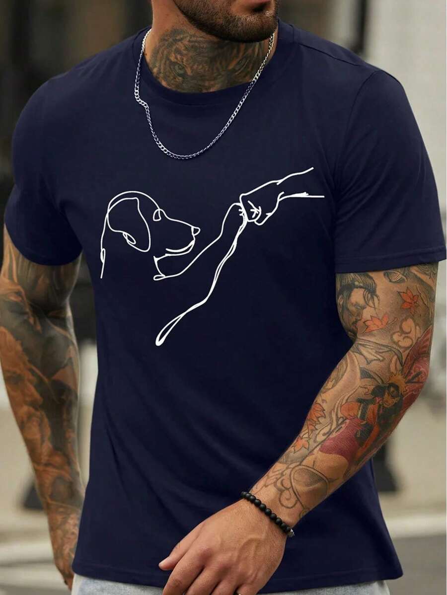 Dog T-Shirt With Round Neck And Dog Print For Men - Navy Blue - View 1