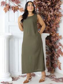 Vestido Feminino Linho Midi Bolsos Liso Alça Larga Elegante - Verde Militar - Visão 7