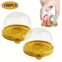 FANTEXY 100Pcs Clear Plastic Mini Cake Boxes With Dome Lids, Mini Cake Containers For Mini Cupcake, Muffin, Chocolate Covered Cookie, Strawberry, Mooncake And More - Gold - View 1
