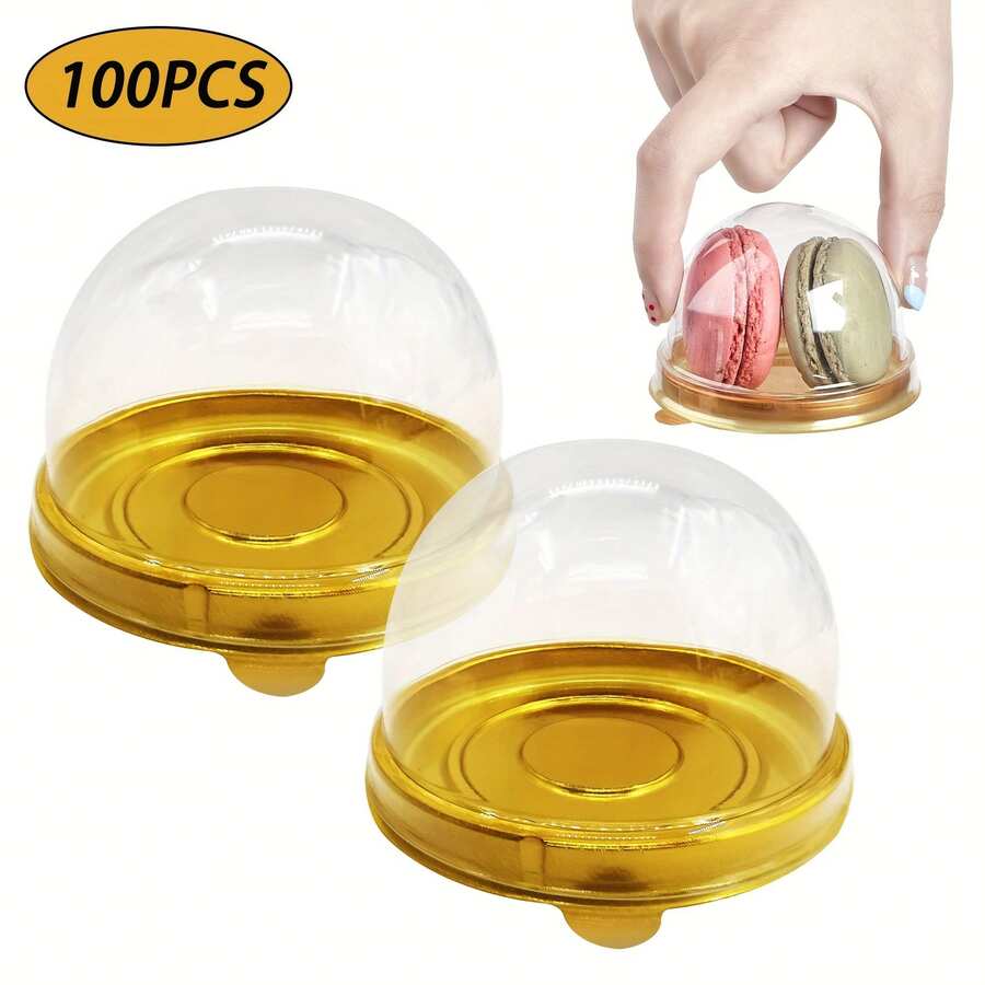FANTEXY 100Pcs Clear Plastic Mini Cake Boxes With Dome Lids, Mini Cake Containers For Mini Cupcake, Muffin, Chocolate Covered Cookie, Strawberry, Mooncake And More - Gold - View 1
