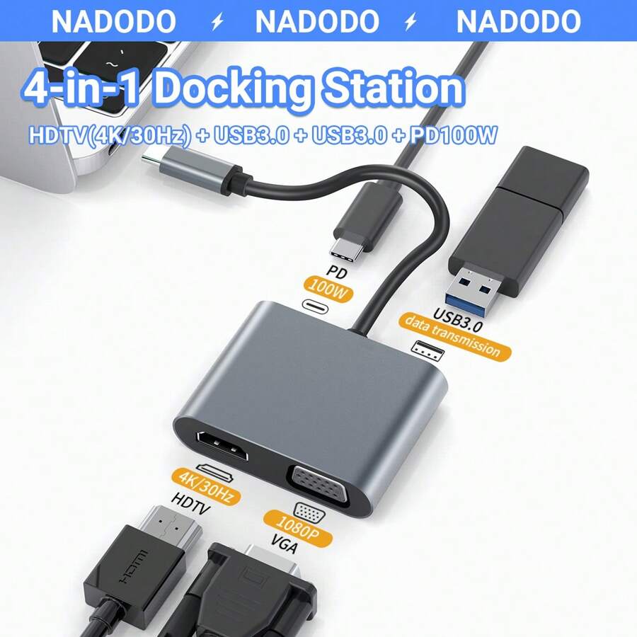 USB C 轉 HDMI VGA 適配器 4 合 1 USB C 集線器轉換器，帶 HDMI 端口 4K、100W PD、USB 3.0 端口、供電端口 兼容 MacBook Pro/MacBook Air/iPad Pro/Dell XPS Thunderbolt 3 端口