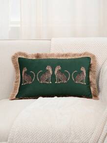 1pc Leopard Print Fringed Floral Lace Crafted Pillow Case Made Of Dutch Plush, Without Pillow Core, Suitable For Sofa Bedroom Decoration, All Seasons - Green - View 4