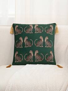 1pc Leopard Print Fringed Floral Lace Crafted Pillow Case Made Of Dutch Plush, Without Pillow Core, Suitable For Sofa Bedroom Decoration, All Seasons - Green - View 3